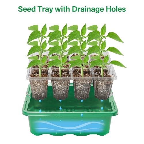 Seed Starter Trays with 12-LED Grow Lights, Green, 5 Pack | 5 Seed Starter Kits, 60 Cells, 12-LED Grow Light per Tray, Vented Humidity Domes, Drainage Holes, 1-to-5 USB Cable - color: Green, size: 5 Packs