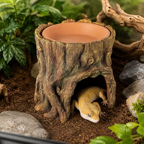Reptile Hide Cave with Removable Top Dish, Resin Tree Stump Terrarium Decor, 2-in-1 Lizard Gecko Hideout Shelter and Feeding Bowl for Small Reptiles, 5.2 x 5.2 x 5.2 in