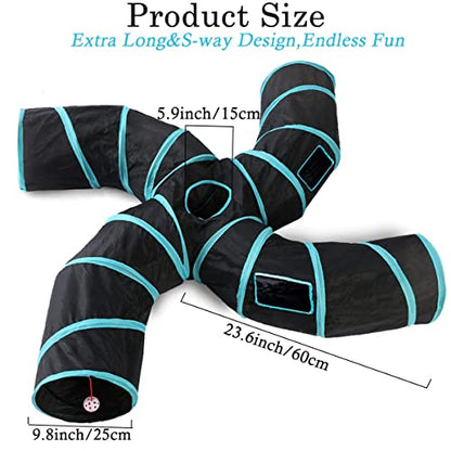 Upgraded Cat Tunnel Toy with 5 peek-a-Boo Windows, Large 4-Way Maze Tube | cat tunnels for indoor cats large,Collapsible Maze House Play Tube Interactive Toy for Cat Kitten Kitty Rabbit Black - size: 4-way Black