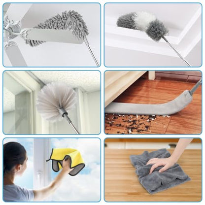 Microfiber Duster Kit 27pcs with 30 to 100 Inches Extension Pole and Wall Cleaner Mop, Washable and Bendable Feather Duster for Cleaning Ceiling Fans, High Ceilings, Cobwebs, Blinds, Grey - size: 27pcs