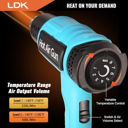 LDK Heat Gun, Heavy Duty Heating Gun Variable Temperature Control | 1.5s Fast Heating 140°F~1100°F Hot Air Gun Kit with 4 Nozzles for Crafting Shrink Tubing Vinyl Wrap - color: Blue 2000w