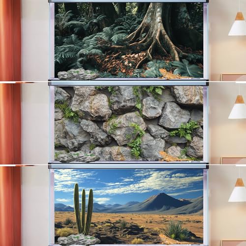 3 PCS Terrarium Background, 48x24 inch Polyester Reptile Backgrounds | Cloth Terrarium Background, Tropical Green Tree Fern & Gobi Desert Sunshine Cactus Rock Terrarium Background - size: 48x24 Inch