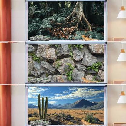 3 PCS Terrarium Background, 48x24 inch Polyester Reptile Backgrounds | Cloth Terrarium Background, Tropical Green Tree Fern & Gobi Desert Sunshine Cactus Rock Terrarium Background - size: 48x24 Inch