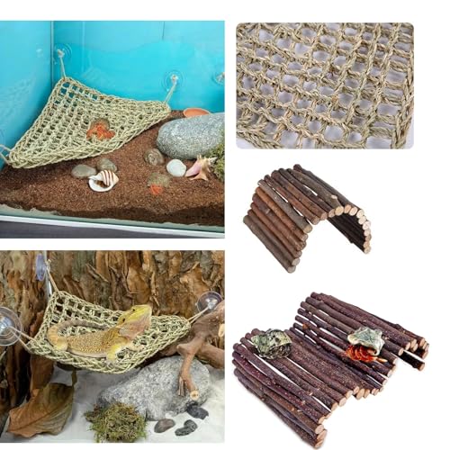 Adullpony Bearded Dragon Tank Accessories Set: Reptile Habitat Decor with Climbing Hammock Toys, Natural Wood Hideout for Hermit Crab, Lizard, Leopard Gecko,Crested,Tortoise, Snake