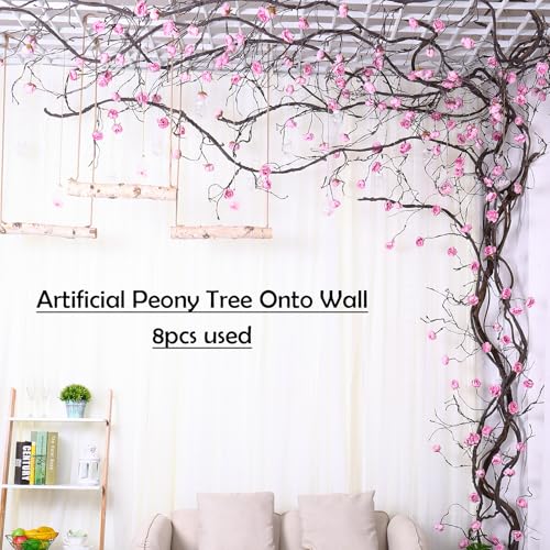 118" Fake Bendable Fall Tree Vines Hanging Peony Flower Garland | Flexible Artificial Floral realistic Twine Wood Branches Twig Reptile Climbing Faux Plant Wedding Arch Wall indoor Decoration