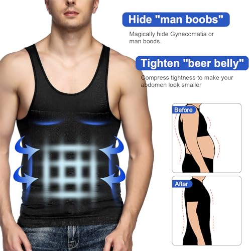 Odoland Men Compression Shirt 3 Pack Body Shaper Vest Tank Top | Nylon & Spandex, Moisture-wicking Tummy Shaper for Gym, Running, Daily, Breathable, Stretchy - color: Black/Black/White, size: X-Large