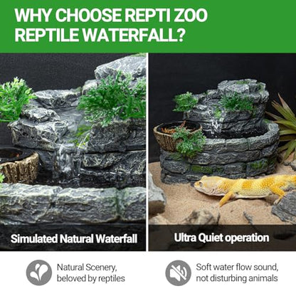 REPTI ZOO Reptile Water Fountain with Food Dish, 550ML Terrarium Waterfall Drinking Fountain for Bearded Dragon Gecko Chameleon Lizard Tree Frog Turtle, Reptile Water Dispenser, Keep Water Clear