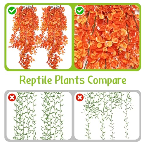 Hamiledyi Reptile Plants for Terrarium Hanging Fake Leaves with Suction Cup | 5 Pack Artificial Snake Foliage, Bearded Dragon Tank Greenery Reptile & Amphibian Habitat Plant for Chameleon Gecko (Orange) - size: 5 PCS - Style 5