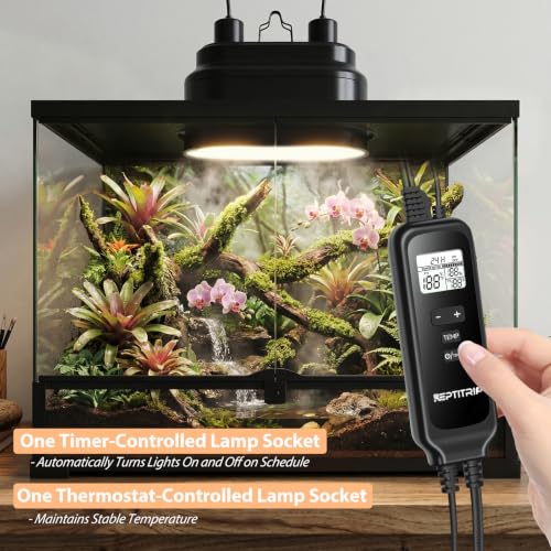 Dual Reptile Light Fixture with Timer & PID Dimming Thermostat, Day-Night Heat & Light Cycle, Heat Lamp for Bearded Dragons Terrariums, Max 160W Per Socket (No Bulbs) - size: Heat Lamp+Thermostat