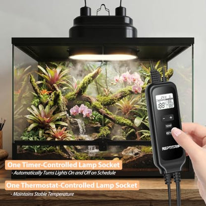 Dual Reptile Light Fixture with Timer & PID Dimming Thermostat, Day-Night Heat & Light Cycle, Heat Lamp for Bearded Dragons Terrariums, Max 160W Per Socket (No Bulbs) - size: Heat Lamp+Thermostat