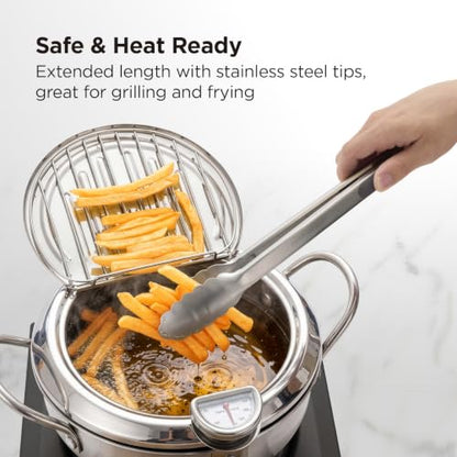 Kitchen Mama DuoEssentials Cooking Tongs Set, Metal Gray | 12" Silicone Tip & 14" Stainless Steel, BBQ Grill Tongs, Locking Ring, Heat Resistant, Non Stick & Dishwasher Safe - color: Metal Gray