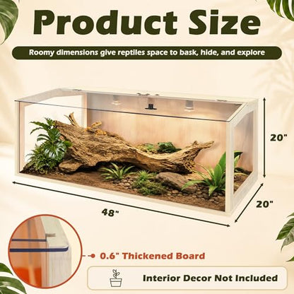 Bearded Dragon Tank, Lizard Tank with Clear Tempered Glass, Anti-Scratch Reptile Enclosure, Reptile Tank Built-in Light Fixtures with Switch (48X20X20inch,80 Gallons) - color: Transparent Roof, size: 48X20X20inch,80 Gallons