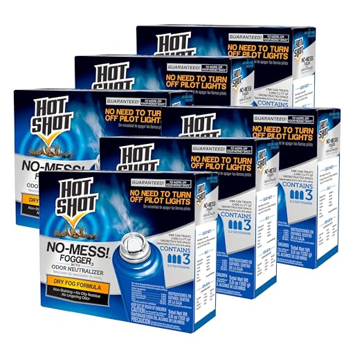 Hot Shot No-Mess! Fogger With Odor Neutralizer 3 Count-1.2 Oz Cans, 6 Pack | Kills Hidden Bugs on Contact, Use in Apartments, Homes, Attics, Basements, Cabins & More, Treats 2,000 Cu. Ft., Non-Staining - size: 6 Pack, style: Dry Fog Formula