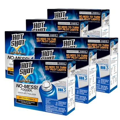 Hot Shot No-Mess! Fogger With Odor Neutralizer 3 Count-1.2 Oz Cans, 6 Pack | Kills Hidden Bugs on Contact, Use in Apartments, Homes, Attics, Basements, Cabins & More, Treats 2,000 Cu. Ft., Non-Staining - size: 6 Pack, style: Dry Fog Formula