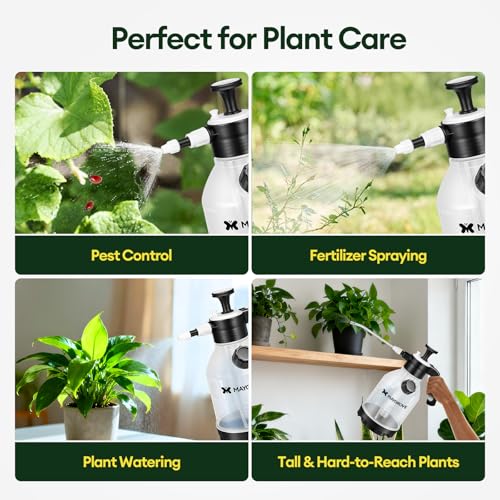 MAYGROVE 50oz Pump Sprayer, Hand Water Spray Bottle | Clear Plant Sprayer with Side Filling Port, Measuring Cup, Adjustable Nozzles, Safe Pressure Relief Valve for Indoor Plant