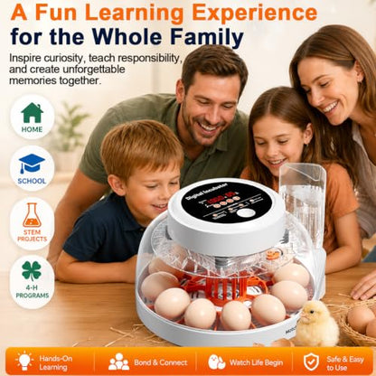 Upgraded Egg Incubator for Hatching Eggs, 12 Egg Capacity with Automatic Egg Turner, Temperature & Humidity Control, LED Egg Candler, Chick Incubator for Chicken, Duck & Quail Eggs - size: 12 EGGS