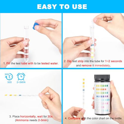 DaToo 8 in 1 Aquarium Test Kit Fish Tank Test Strips Accurate Water Quality Testing Strips for Ammonia PH Total Alkalinity Carbonate Hardness Free Chlorine Nitrate Nitrite Temperature (50 Strips) - size: 50 Strips
