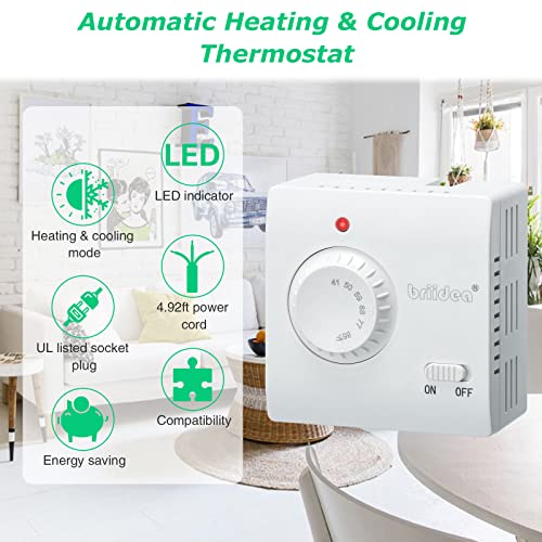 Adjustable Thermostat, Briidea Plug in Heating & Cooling Thermostat with LED Indicator, Compatible with Space Heater, Window Air Conditioners, Fans, Ideal for Household, Reptile, Greenhouse - color: White