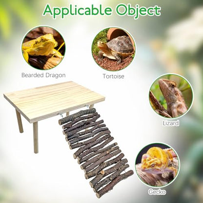 BNOSDM Wooden Basking Platform with Climbing Ramp Reptiles Hideout Bearded Dragon Hide Cave Reptile Tank Accessories Suit for Tortoise, Lizard, Toad, Gecko (Rectangle)