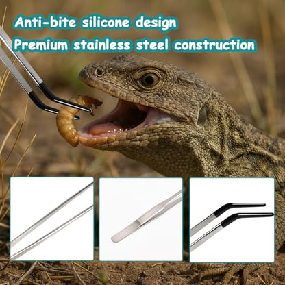 2 Pack Extra Long Stainless Steel Reptile Feeding Tongs with Rubber Tip - 10.6" Straight And Curved Long Tweezers for Aquariums, Feeder for Beard Dragons, Lizard and Snakes (Silver)