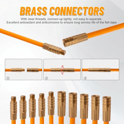 KOOTANS 33FT Fiberglass Running Electrical Wire Cable Glow Rods Wire Pulling Tools Fish Tape Wire Puller Through Wall Cable Snake Fish Rods Kit with Different Attachments - color: 33FT