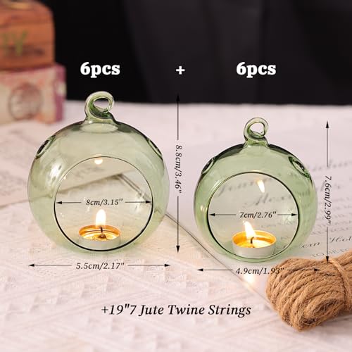 LETINE 12pcs Green Glass Orb Set, 2.17" & 1.93" Spheres for Air Plant Terrarium, Tea Light & Votive Candle Holders - Ideal for Wedding Centerpieces, Christmas Table Decorations, Rehearsal Dinner