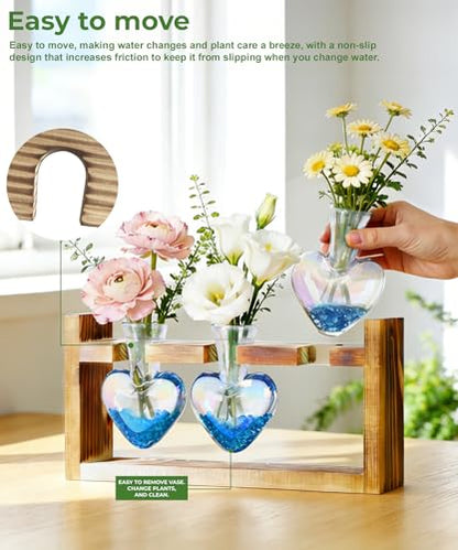 Plant Terrarium with Wooden Stand, 3 Heart Bulb Glass Vases | Wooden Stand Tabletop for Air Planter, Gifts for Mom Plant Lovers Mom Women Wife Grandma - color: Iridescent Clear