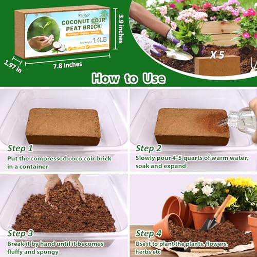 Pack of 5 Organic Coco Coir Bricks- 100% Natural Coco Peat Soil | Low EC & Balanced pH, Compressed Coconut Fiber Substrate, Supports Plant Root Growth for Seed Starting, Potting & Gardening - size: 5 Pack