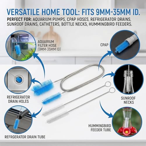 Aquarium Tube Cleaning Brush Kit, 61-Inch Flexible Double-Ended Hose Brush | 3-Piece Lily Pipe Brush Set: 1-Inch and 0.47-Inch Nylon Heads, 2 8-Inch Straw Brushes for Long Filter Tubing and Fish Tanks