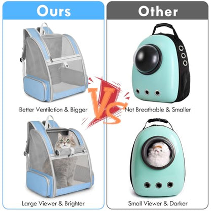 Cat Backpack Carrier, Large Pet Backpack with Kitten Wand Feather Toy for Medium Small Dog Cat Puppy Kitty Bunny up to 15lbs, Ventilated Mesh Dog Travel Carrier for Hiking Walking Outdoor Use (Blue) - color: Blue