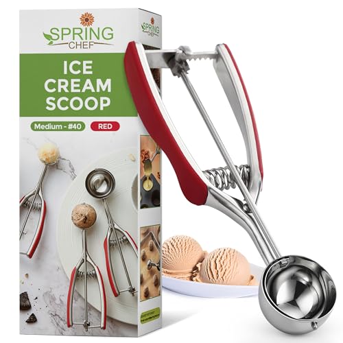 Spring Chef Medium Stainless Steel Cookie Scoop, #40, 1.7 Tbsp, Red | Premium 2.75" Cookie Scooper for Baking, Melon Scoop, Ice Cream Scooper with Soft Grip & Trigger Release, Dishwasher Safe - color: Red, size: #40 - Medium - 1.7 Tbsp