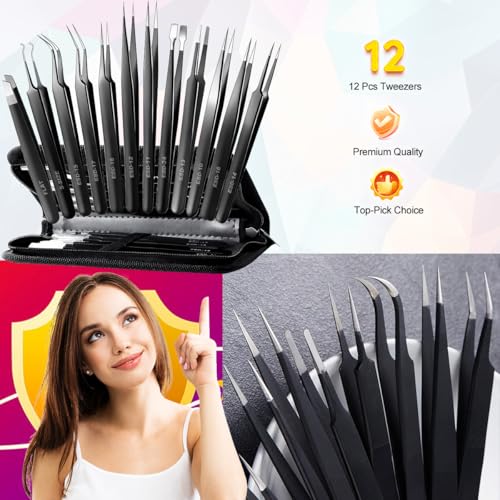 Antonki 12-in-1 Precision Metal Tweezers Set with Leather Case | High Quality, 1.5mm Thick, Strong Hardness, Rustproof, Anti-Static, Tips Cover, Complete Set, Portable Design - color: Precision Tweezers 12 Pack W/ Case - Full Black