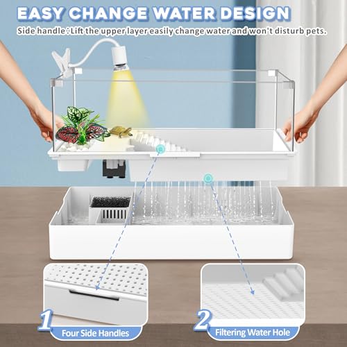 GOZILLA Large Turtle Tank Kit+Water Pump, Acrylic Turtle Tank Starter Kit with Adjustable 5W Water Pump and Two Shower Heads, Multi-Functional Area for Small/Medium Turtles(Large-White Kit) - color: White Kit-Large