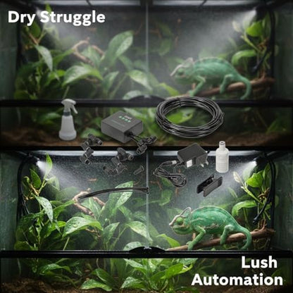 Reptile Misting System, Programmable Reptile Humidifier, Automatic Mister with US Power Cord, 360° Adjustable Dual Nozzles, Smart Timer, Self-Priming, Rainforest Spray Kit for Plant Terrariums