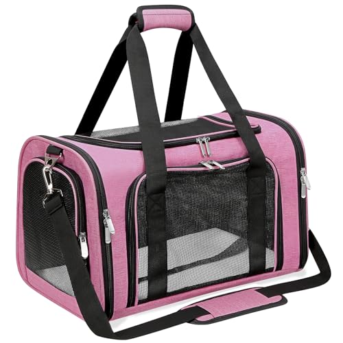 Soft-Sided Cat/Dog/Pet Carrier, Collapsible Pets Travel Carriers | for Big Cats/Small Dogs with Shoulder Strap & Removable Mat, Mesh Puppy Carry Bag, Up to 16 Lbs, TSA Airline Approved(Pink) - color: PINK, size: 17"L x 11"W x 11"H