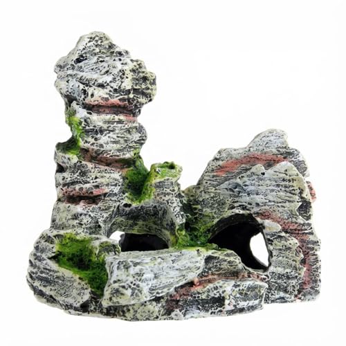 Resin Aquarium Stone Cave with Artificial Moss – Natural Rock Mountain Ornament for Fish Tank, Shrimp & Betta Hiding, Reptile Habitat Decoration, Small Landscape Terrain Accessory for Aquatic Decor（B）
