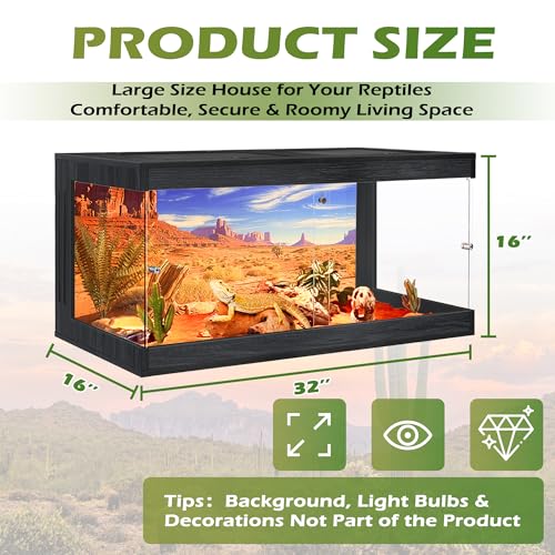 Royxen Bearded Dragon Tank, 34 Gallons Tempered Glass Reptile Terrarium with Metal Mesh Top, 3-Side Clear Anti-Scratch Glass Lizard Tank for Reptile Habitat (Black, 32" Length) - color: Black, size: 34Gal,32x16x16inch
