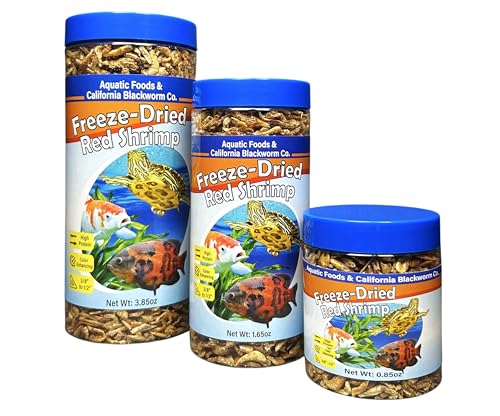 Red Shrimp, Freeze Dried 3/8" to 1/2" Floating Red River Shrimp for Cichlids, All Tropical Fish, Koi & Pond Fish, Aquatic Turtles, Reptiles, Rodents 1oz Canister
