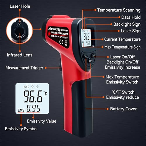 Infrared Thermometer Temperature Gun (NOT for Humans) -58℉~1022℉ (-50℃～550℃) 9-Point Laser Non-Contact Instant-Read Digital Laser Infrared Ir Thermometer with Backlight - color: red