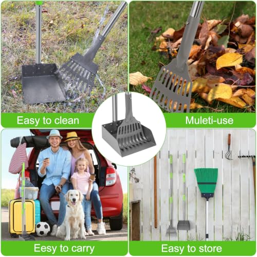 Non-Breakable Pooper Scooper, Dog Pooper Scooper Tray & Rake Set with Adjustable Stainless Steel Long Handle for Large Medium Small Dogs (Green) - color: Green