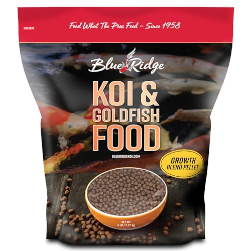 Blue Ridge Koi Fish Food 5lb - Koi Food 3/16” Large and Mini Blend Growth Formula, Goldfish Food, Premium Fish Food for Ponds, Ponds Fish Food, Floating Pond Pellets - size: 5 Pound (Pack of 1)