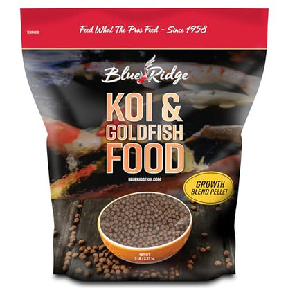 Blue Ridge Koi Fish Food 5lb - Koi Food 3/16” Large and Mini Blend Growth Formula, Goldfish Food, Premium Fish Food for Ponds, Ponds Fish Food, Floating Pond Pellets - size: 5 Pound (Pack of 1)