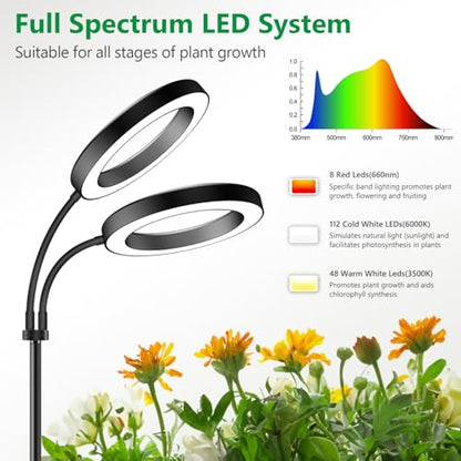 Aumtrly 2 Head Grow Light Full Spectrum, Black, with 68" Adjustable Stand | 6/12/16H Timer, 5 Dimming Level, 168 LED Halo Design, Flexible Gooseneck, Metal Base, Floor Growing Lamp for Large Tall Plant - size: 2 head 68inch/black