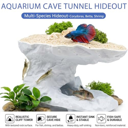 Aquarium Cave Tunnel Hideout,Vertical Tower Cliff Tower Fish Tank Cave Tunnel with Shelter, Heavy-Duty Aquarium Underground Cave Hideout for Fish, Reptiles, Shrimp, Bettas
