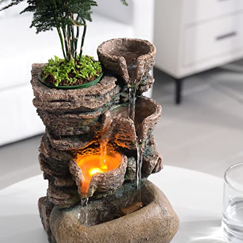 Haobos Indoor Fountain 4-Bowl Rockery Soothing Sound Tabletop Fountains Home/Office Decor with a Small Plastic Pot to Grow The Plant by Yourself(Automatic Watering)
