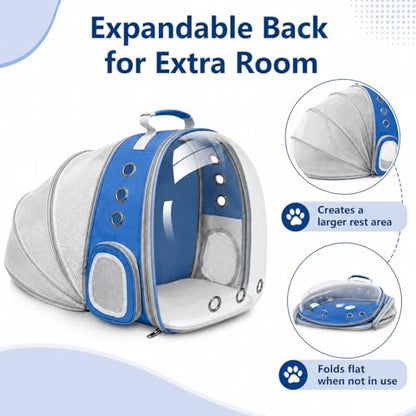 Expandable Cat Carrier Backpack with Bubble Window, Blue | Breathable mesh, anti-collapse frame, side door, safety leash and escape-resistant zippers for vet visits and outdoor travel. - color: Blue