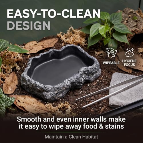 Reptile Water Dish with Natural Rock Texture, 600ml Tortoise Water Bowl for Amphibians & Reptiles, Black, 8.9x6.50x1.77 Inch, Snake Bowl - color: Black