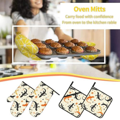 Reptile Painting Prints Kitchen Layers: Waterproof Oven Covers for Safe Handling & Easy Cleanup – 4 Piece Heat Protection Bundle