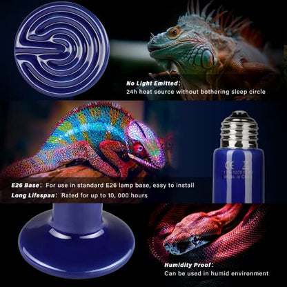 Simple Deluxe 150W 2-Pack Ceramic Heat Emitter Reptile Heat Bulb No Light, LCD Digital Aquarium Thermometer, for Reptile Amphibian, 2 Pack, Royal Blue