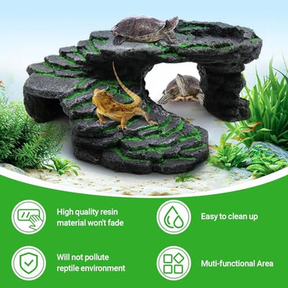 GOZILLA Basking Platform Step Ledge,Reptile Hideout Turtle Tank Accessories Decorations,Turtle Basking Platform Habitat for Turtles,Leopard Gecko and Bearded Dragon.(Black-M-Kit)